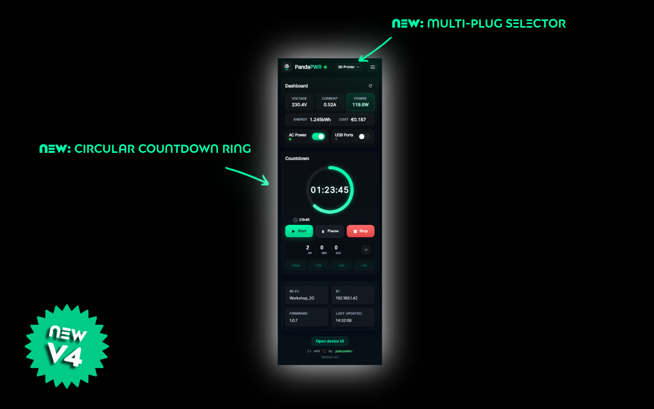 Panda PWR v4.0 – popup with circular countdown ring and multi-plug selector