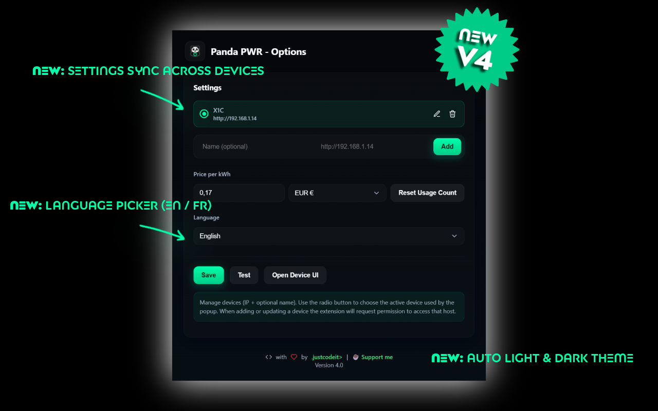 Panda PWR v4.0 – options: settings sync, language picker, light & dark theme