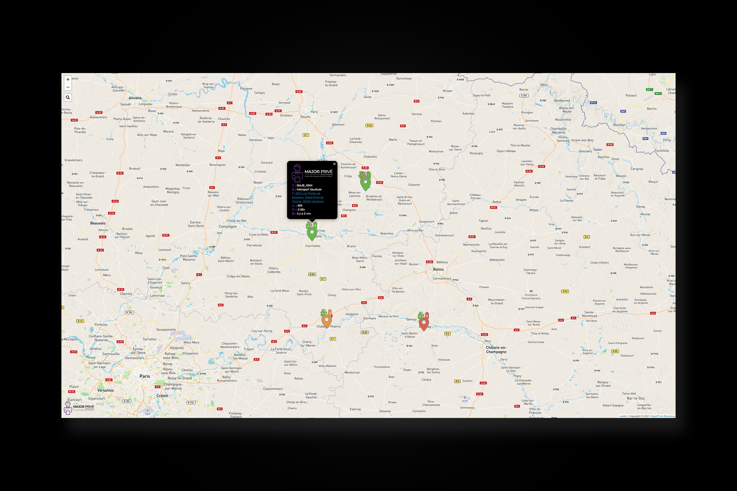 Interface web affichant la carte interactive des distributeurs MajorPrivé Business