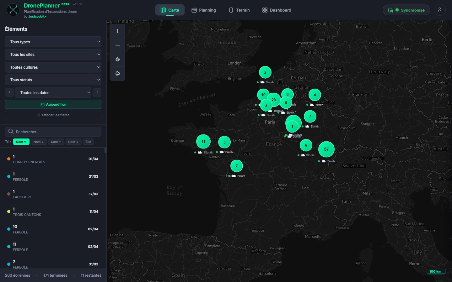 DronePlanner - Carte temps réel des parcs éoliens avec clustering