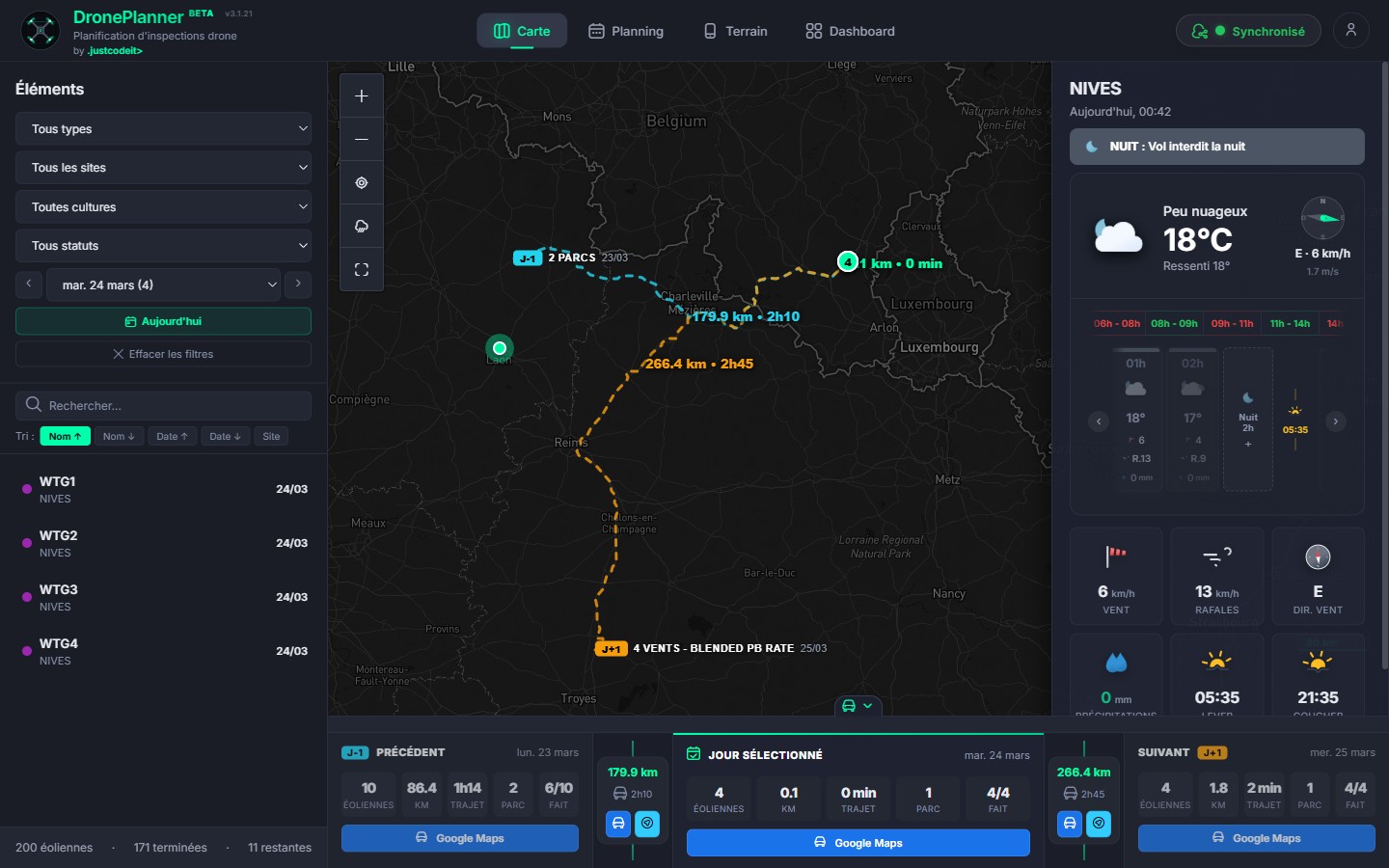 DronePlanner - Trajet d'inspection d'un jour avec évaluation météo Go/No-Go