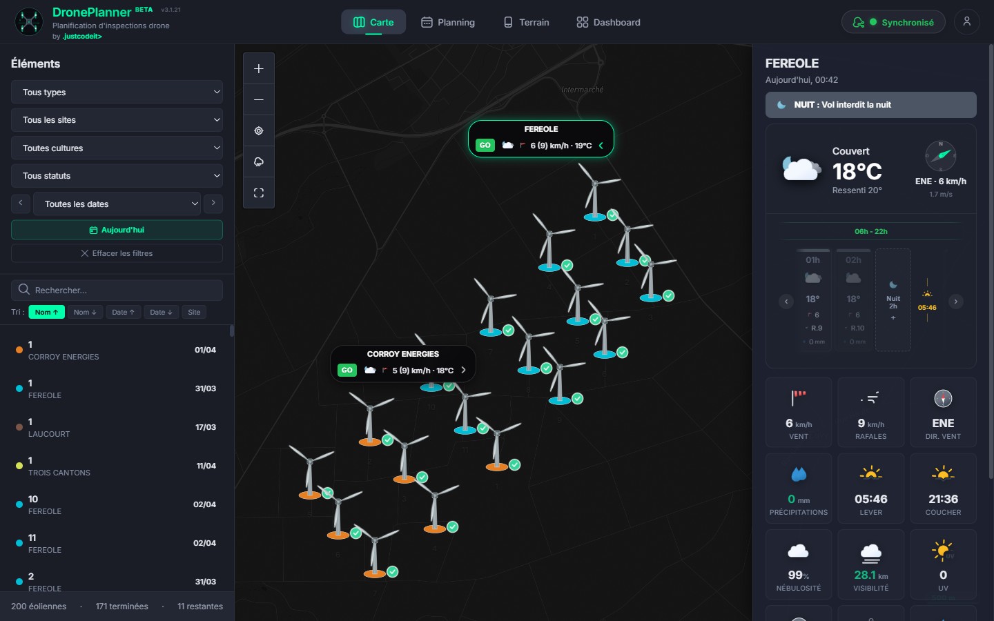 DronePlanner - Éoliennes d'un parc avec météo détaillée par site