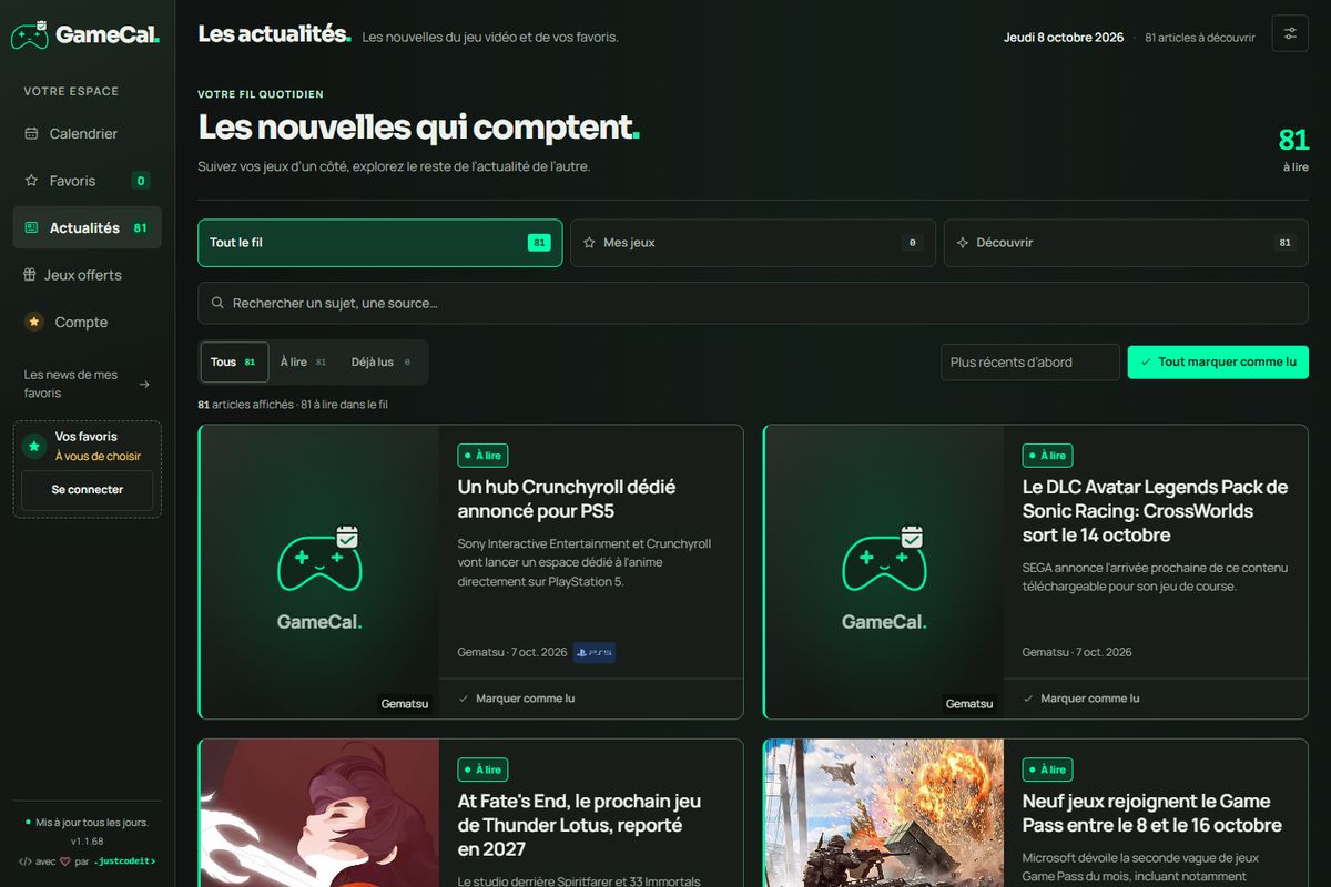 GameCal - Fil d'actualités du jeu vidéo avec filtres Mes jeux et Découvrir