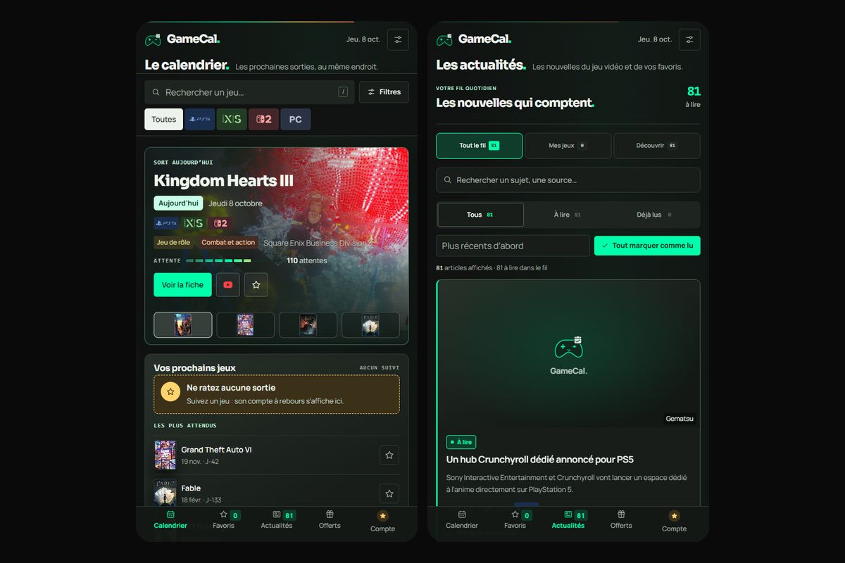 GameCal - Version mobile : calendrier et actualités avec barre de navigation