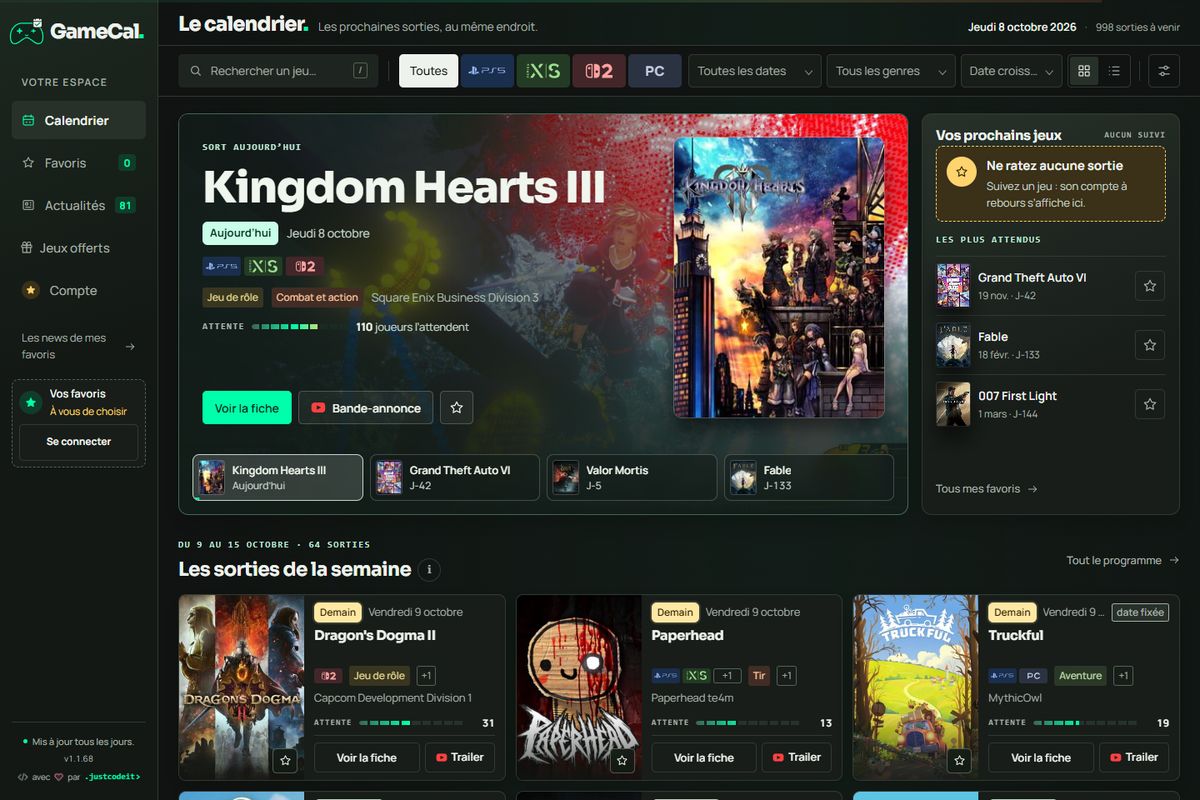GameCal - Calendrier des sorties jeux vidéo avec mise en avant du jeu du jour (desktop)