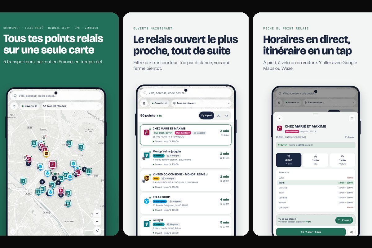 RelaisGo - Application Android : carte, liste des relais ouverts et fiche avec horaires et temps de trajet