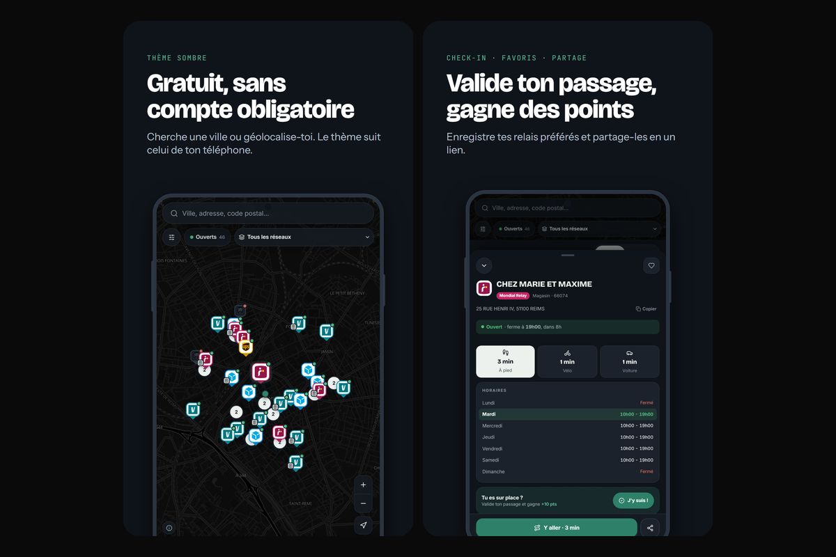 RelaisGo - Thème sombre et check-in sur un point relais