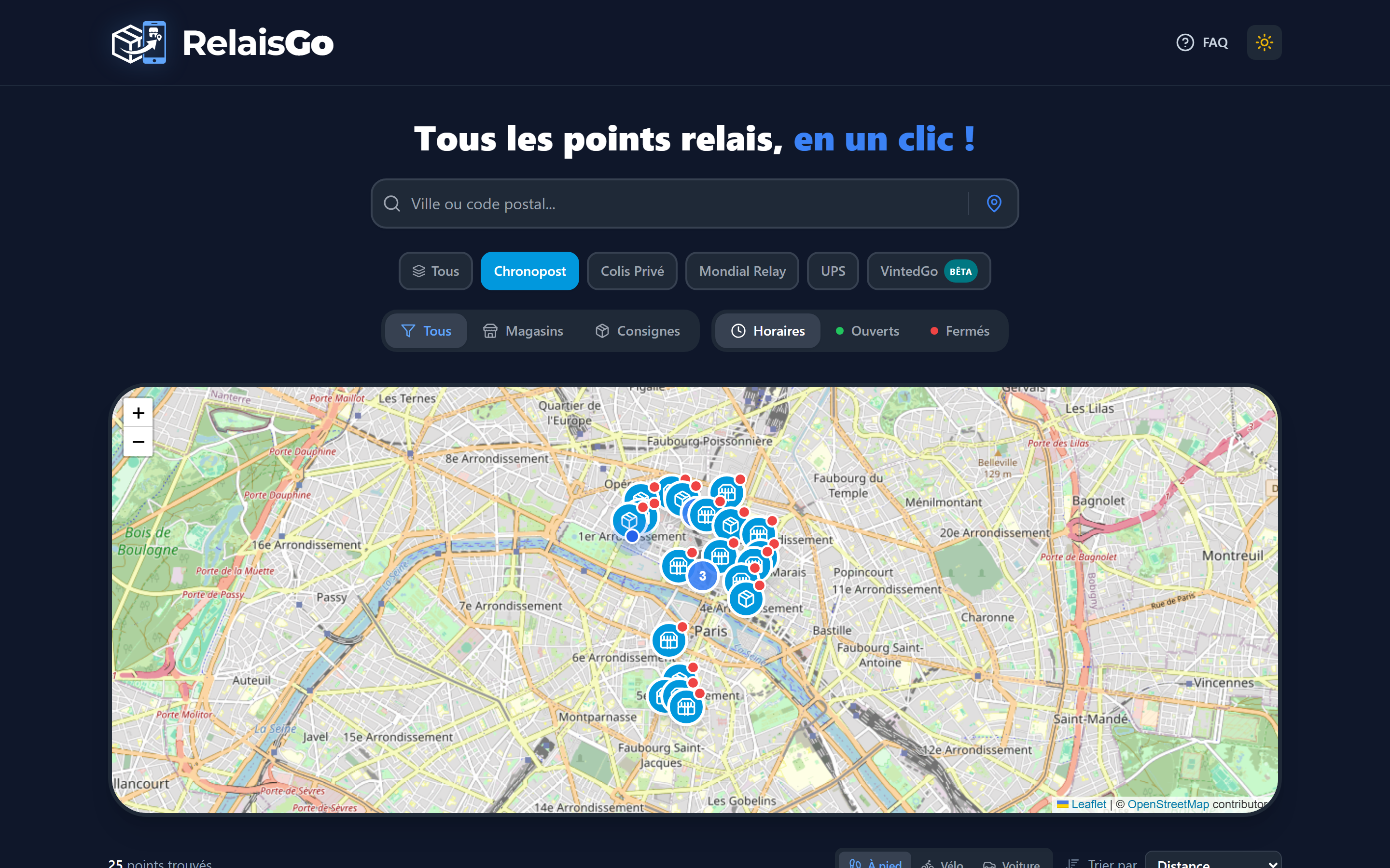 RelaisGo - Carte interactive des points relais (desktop, dark mode)